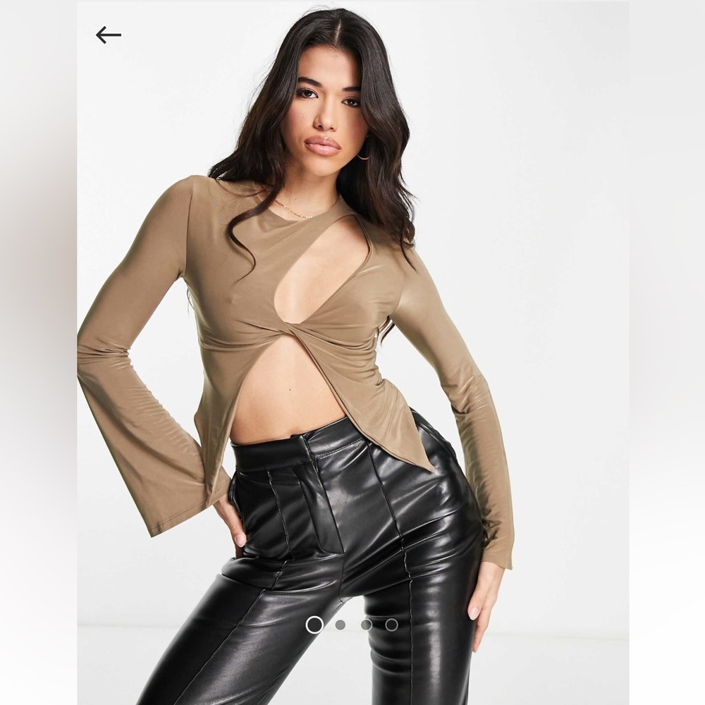 ASOS DESIGN asymmetric cut away chest long sleeve top in taupe